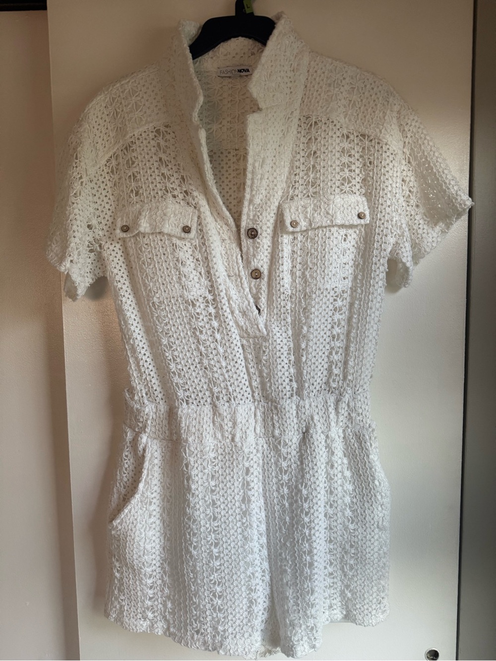 Fashion Nova White Crochet Collared Tunic Romper